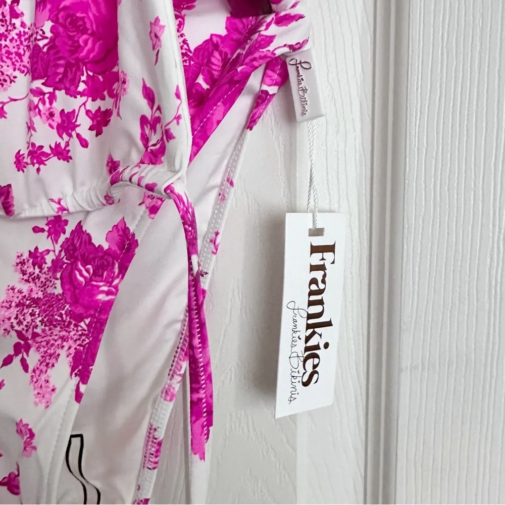 Frankie’s Bikinis Matched Set White With Hot Pink Roses Small